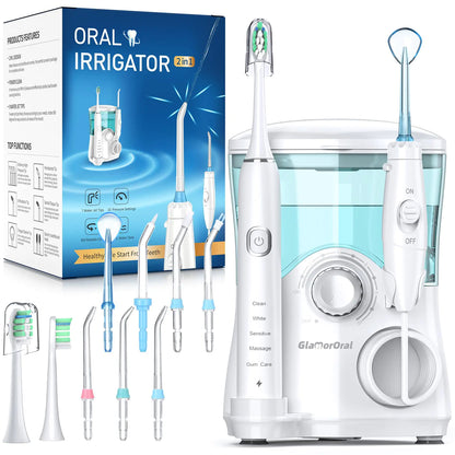 Electric Toothbrush and Water Flosser600ML Oral Irrigator Water Flosser with 7 Jet Tips10 Adjustable Pressure SettingsSonic Electric Toothbrush with 2 Brush Heads5 Modes(White)