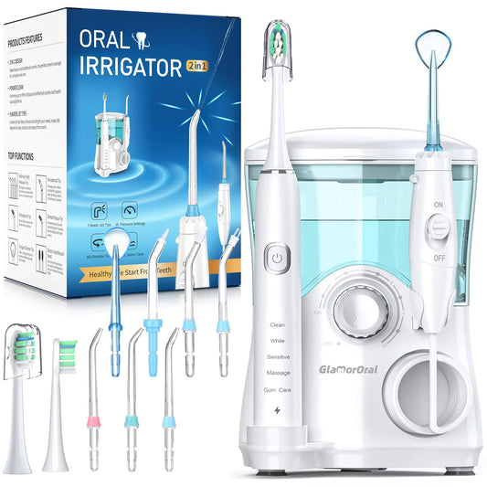 Electric Toothbrush and Water Flosser600ML Oral Irrigator Water Flosser with 7 Jet Tips10 Adjustable Pressure SettingsSonic Electric Toothbrush with 2 Brush Heads5 Modes(White)
